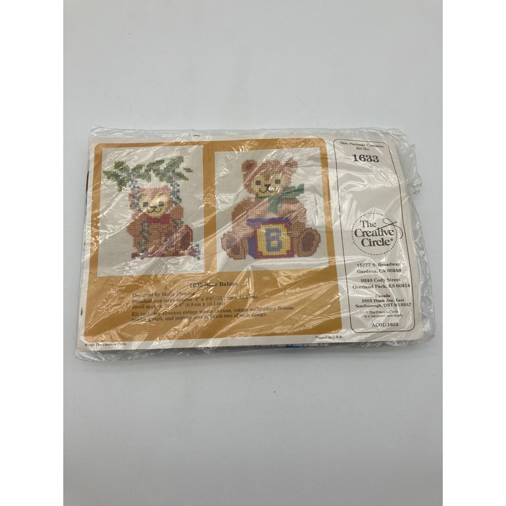 Vintage 1984 The Creative Circle Bear Babies Cross Stitch Kit 1633 Waste Canvas